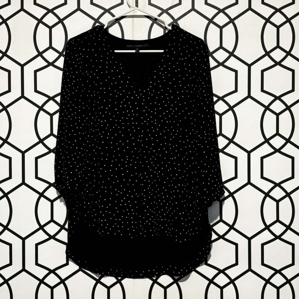 White House Black Market Black and White Polka Dot V-Neck Hi-Low Blouse Size 6